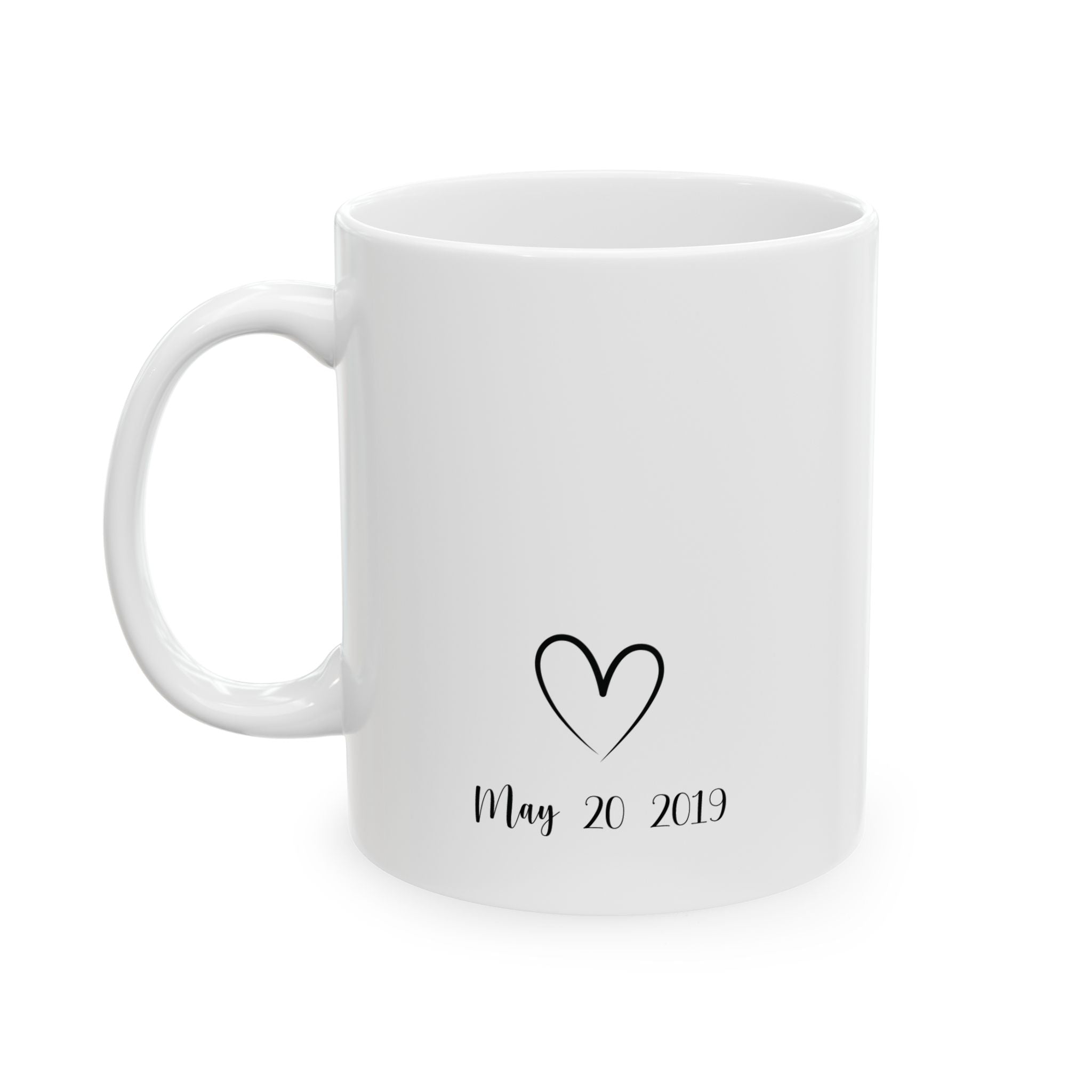 Personalized couple hands mug displayed on a desk