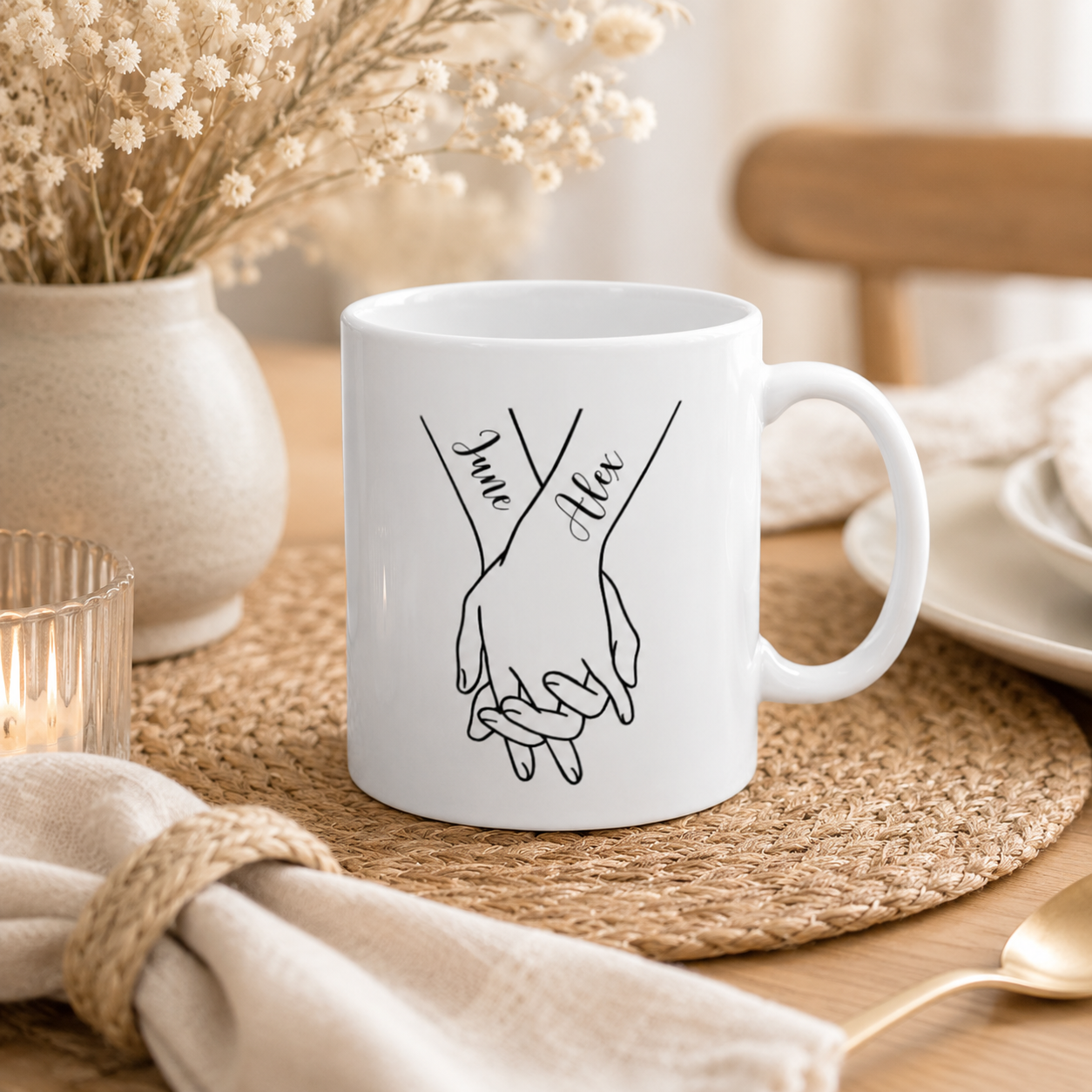 Personalized couple hands mug displayed as a gift