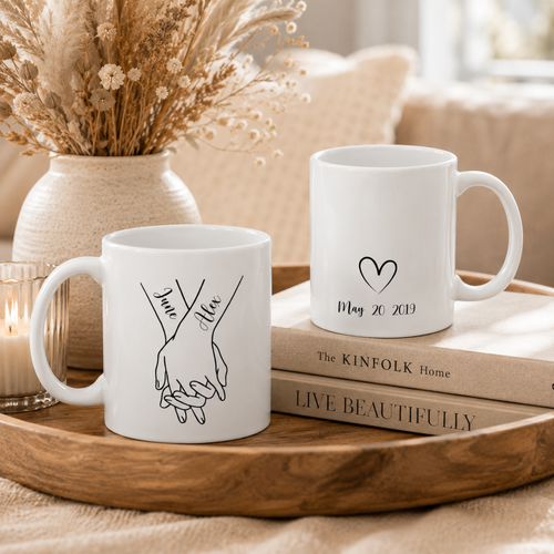 Personalized couple hands mug shown from the side