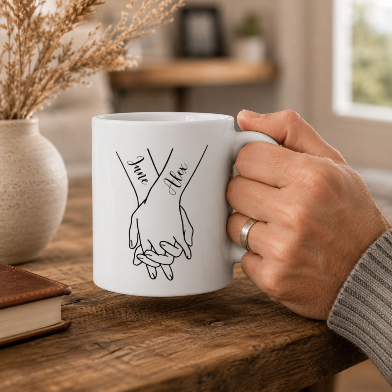 Personalized couple hands mug size and detail view, 11oz and 15oz