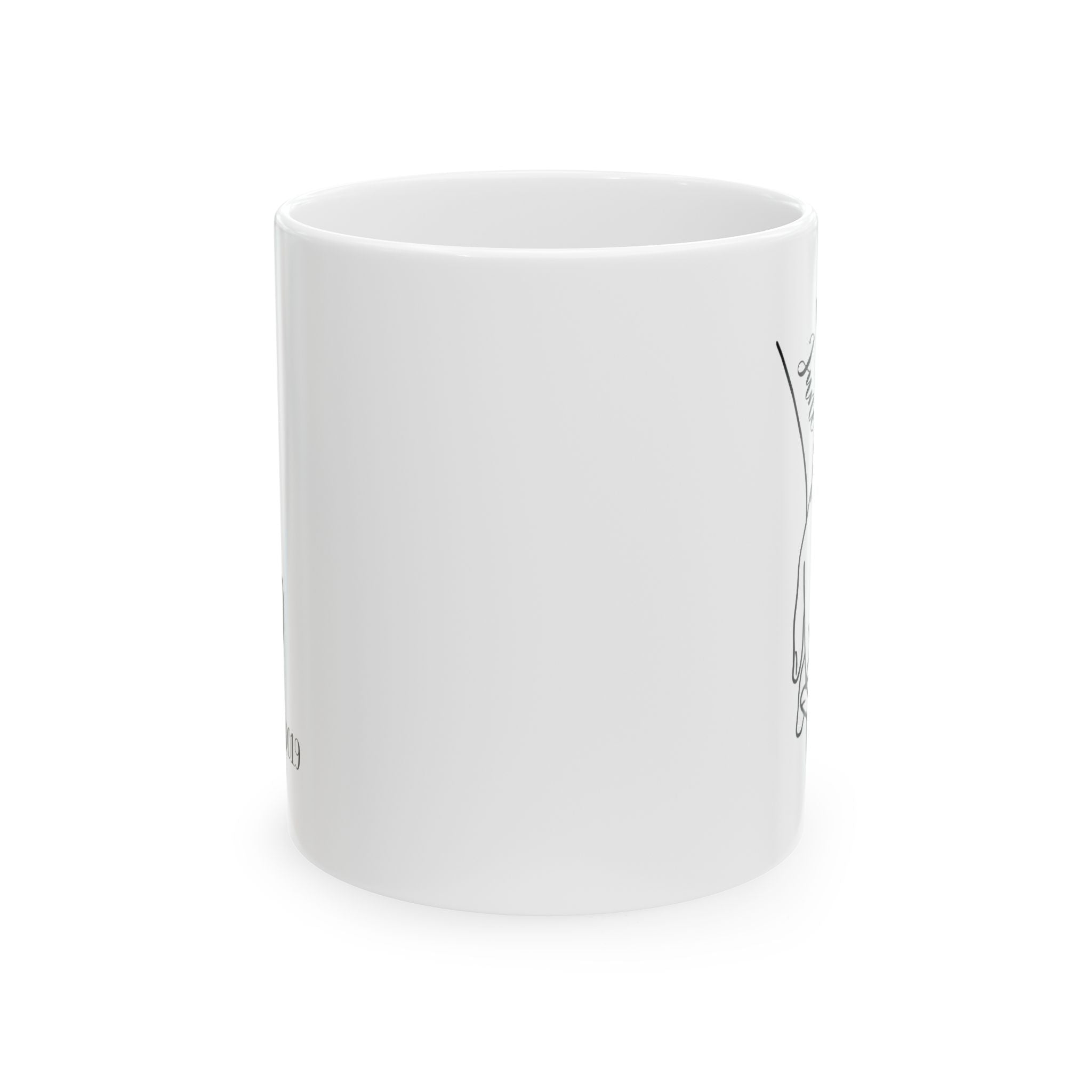Personalized couple hands mug shown on a table as an anniversary gift