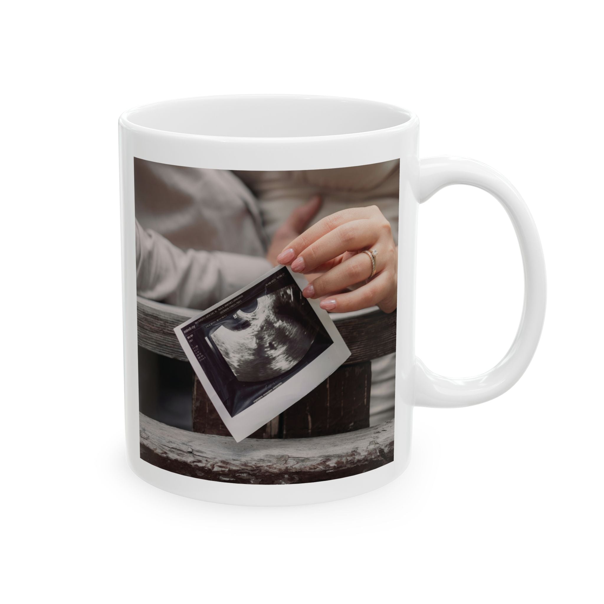 Personalized sonogram photo baby announcement mug for new parents, front view