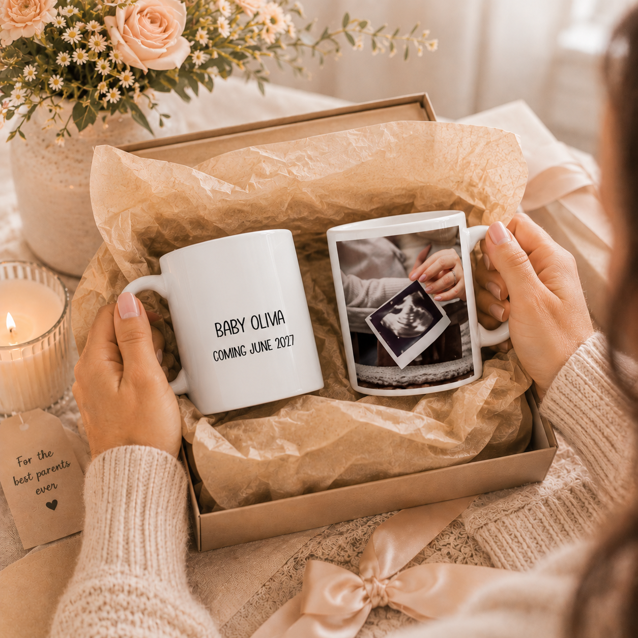 Personalized sonogram photo baby announcement mug displayed as a gift
