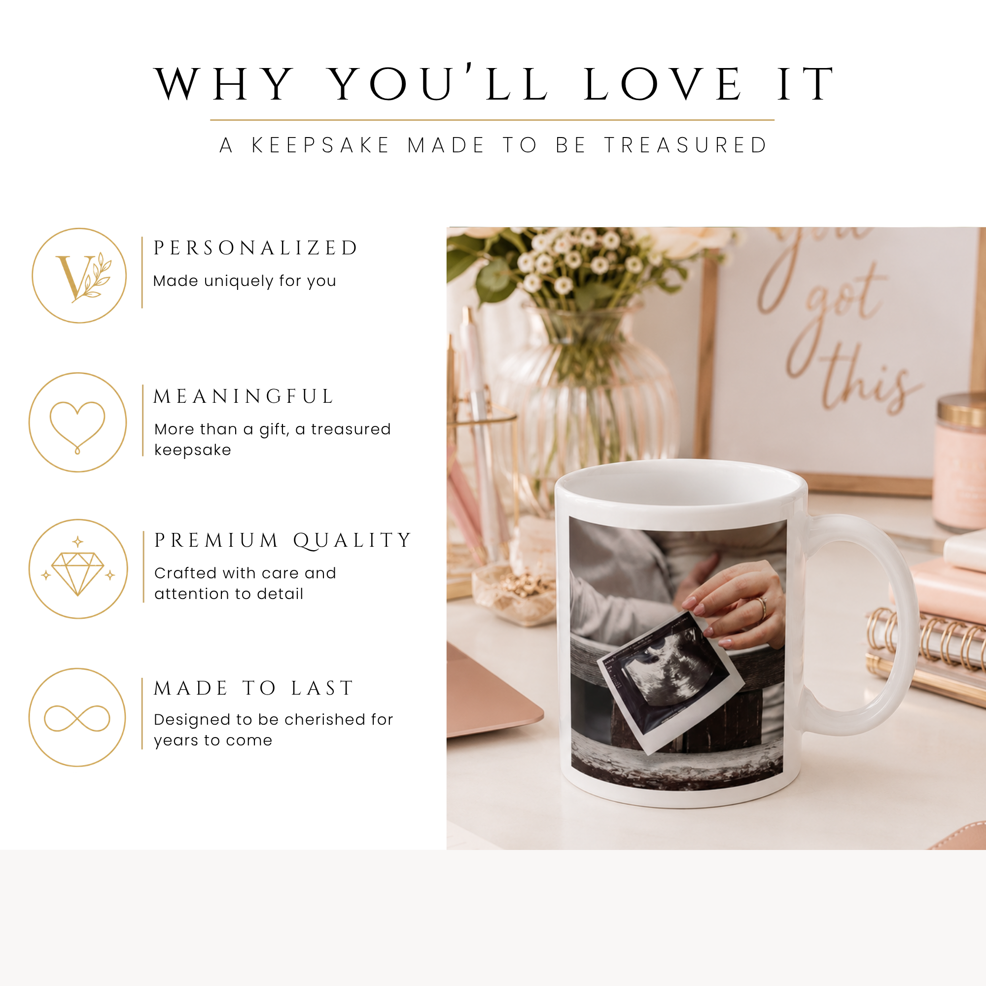 Personalized sonogram photo baby announcement mug, handle-side view