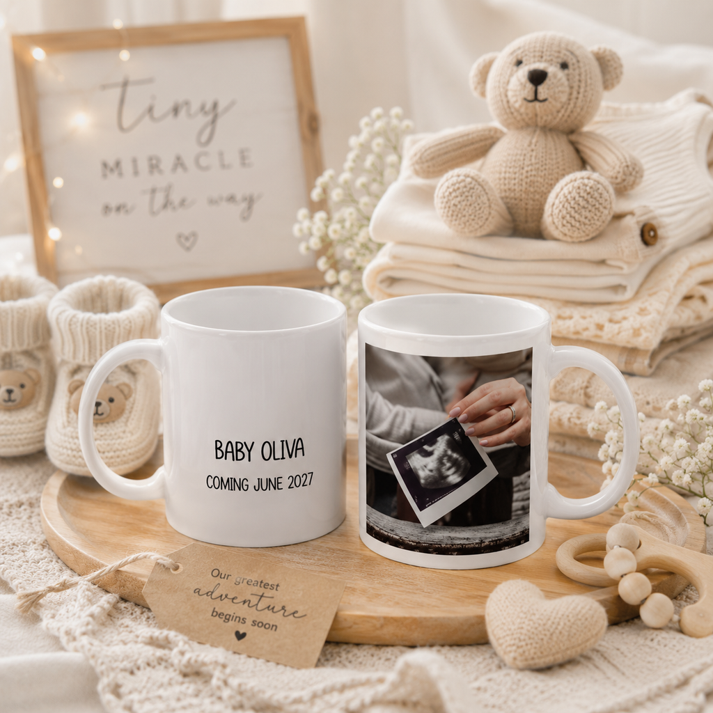 Personalized sonogram photo baby announcement mug shown from the side