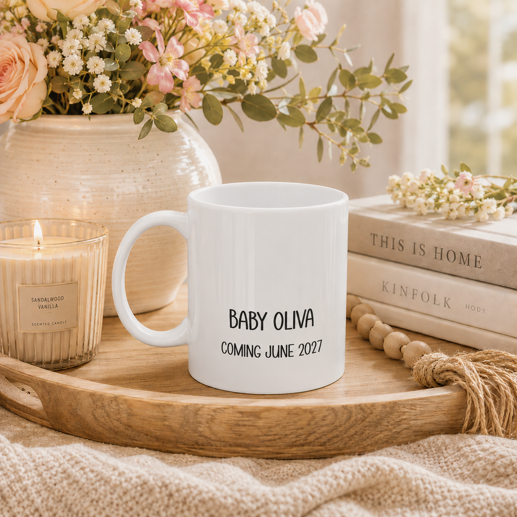 Personalized sonogram photo baby announcement mug size and detail view, 11oz and 15oz