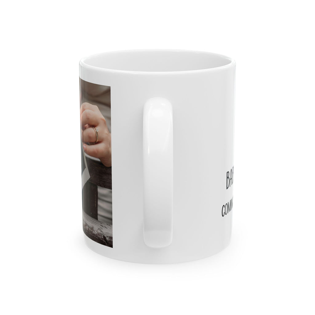 Personalized sonogram photo baby announcement mug shown on a table as a baby shower gift