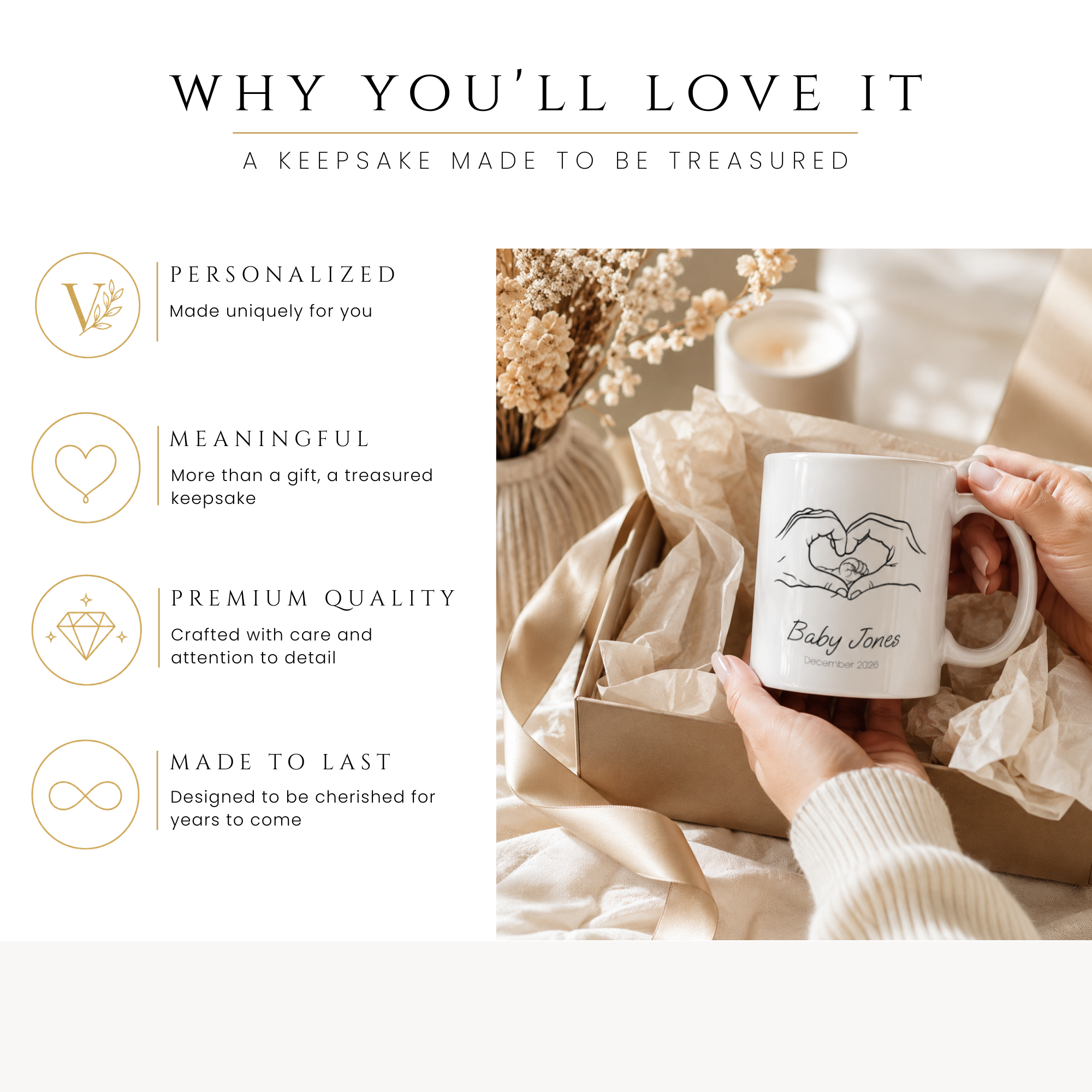 Close-up of the heart hands baby announcement design with personalized name
