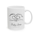Personalized heart hands baby announcement mug for new parents, front view