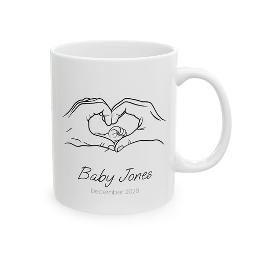 Personalized heart hands baby announcement mug for new parents, front view