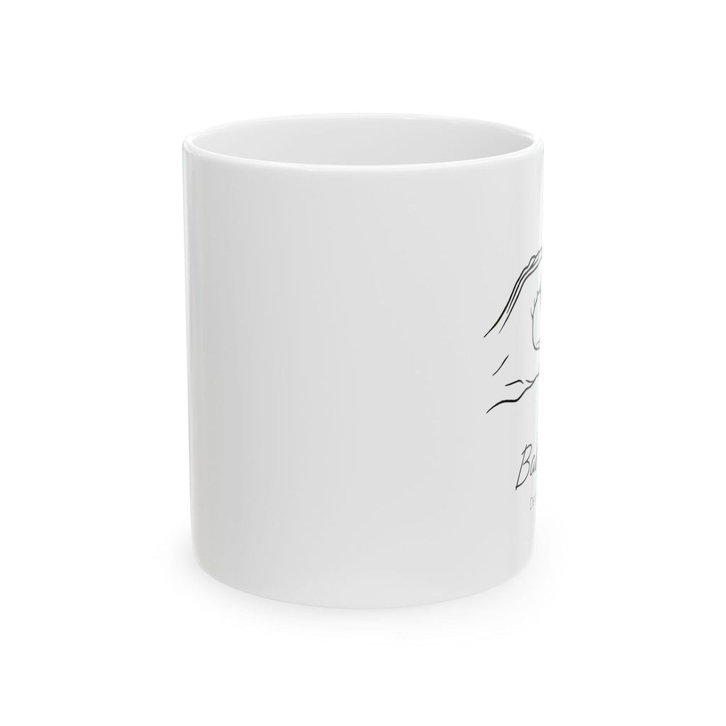 Personalized heart hands baby announcement mug displayed as a gift