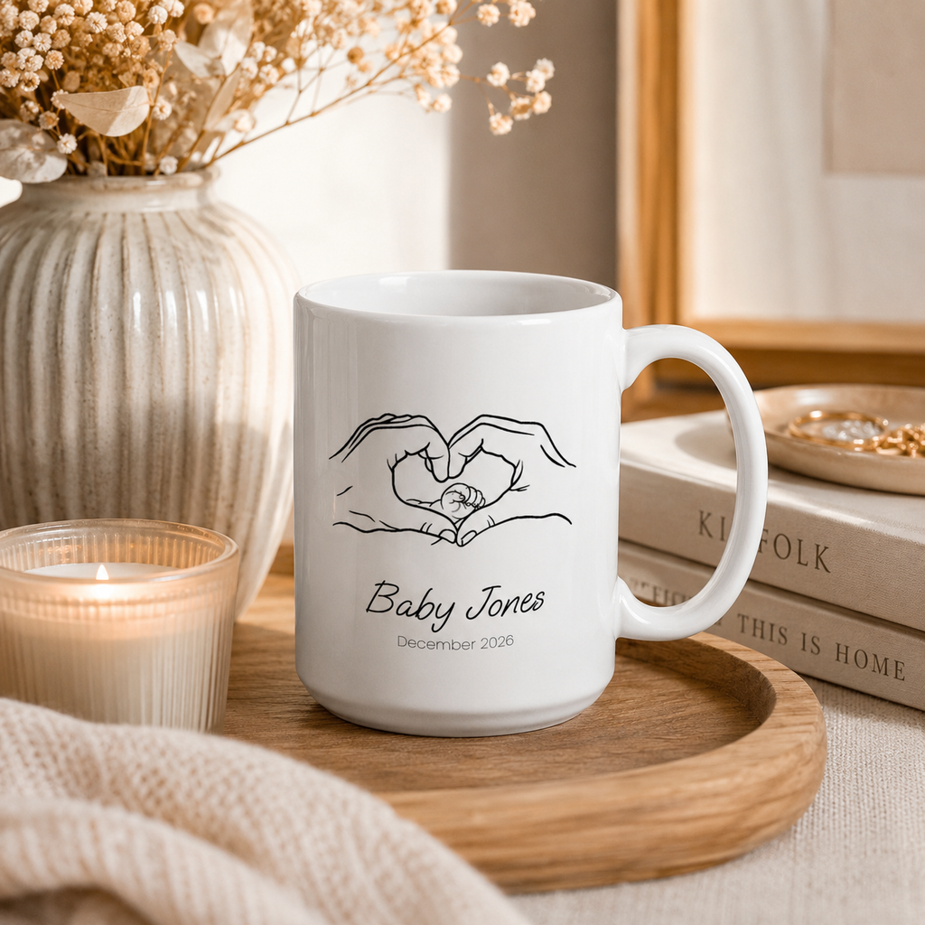 Personalized heart hands baby announcement mug, handle-side view