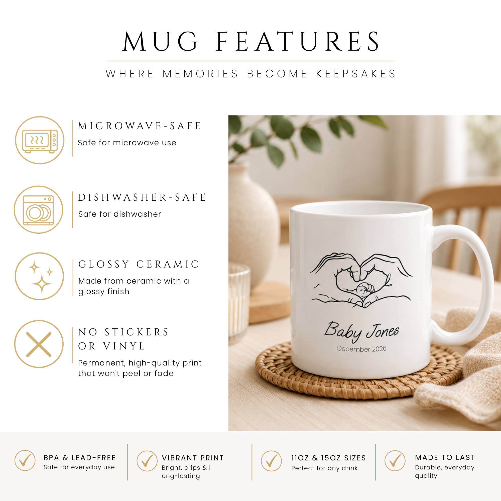 Personalized heart hands baby announcement mug size and detail view, 11oz and 15oz