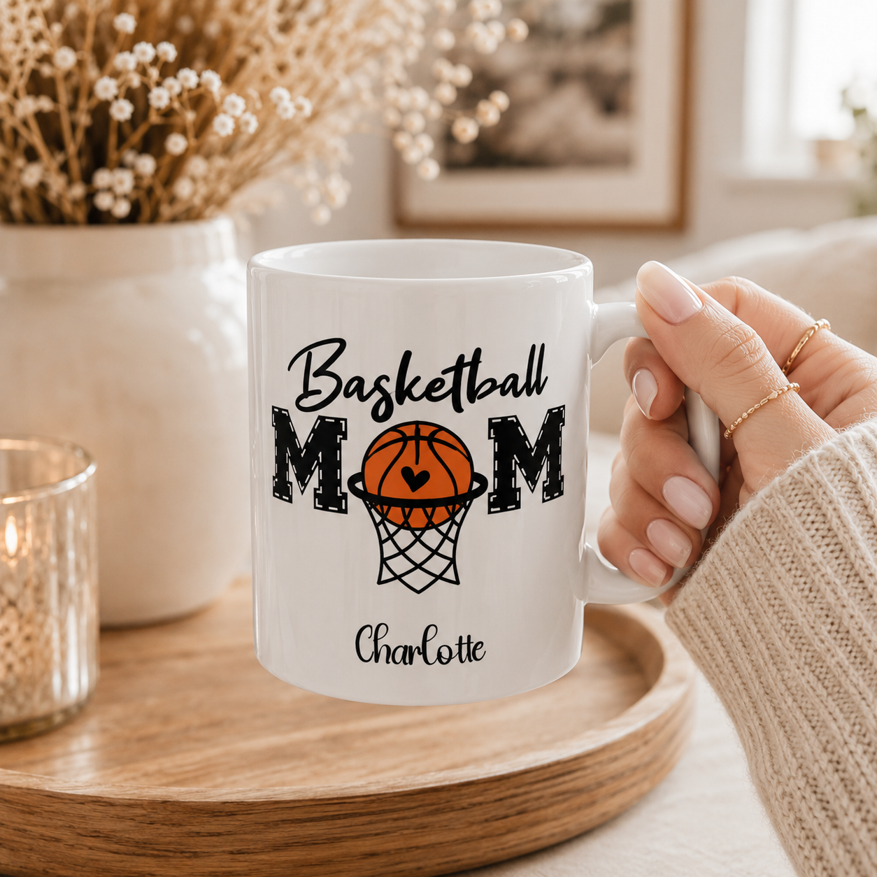 Personalized basketball mug displayed as a gift