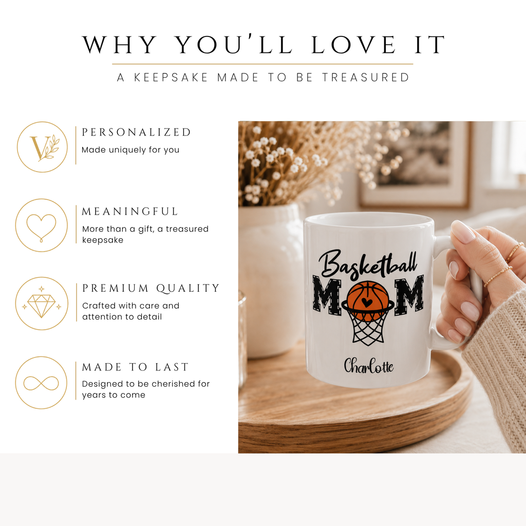 Personalized basketball mug, handle-side view