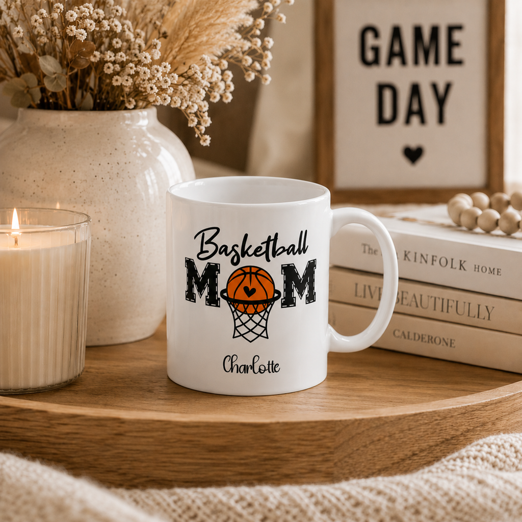 Personalized basketball mug shown from the side