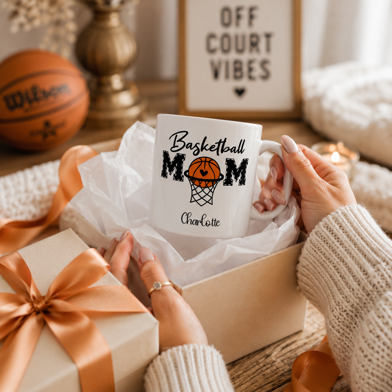 Personalized basketball mug size and detail view, 11oz and 15oz