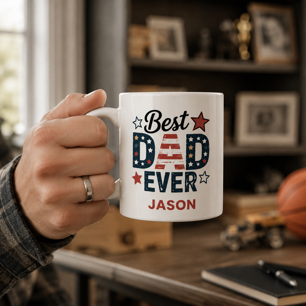 Personalized Americana best dad ever mug displayed as a gift