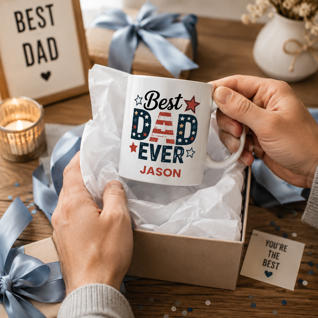 Personalized Americana best dad ever mug shown from the side