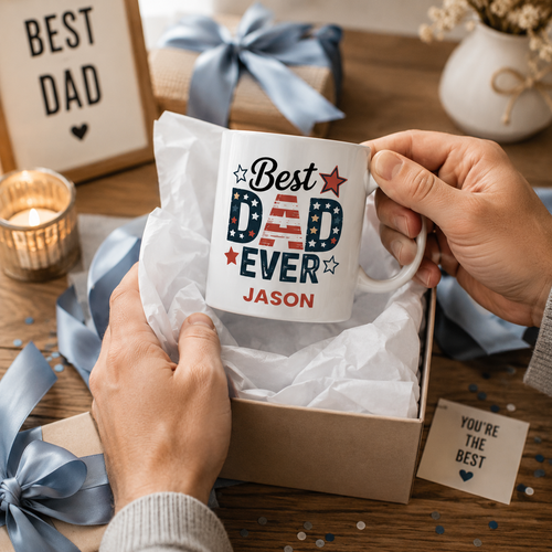Personalized Americana best dad ever mug shown from the side