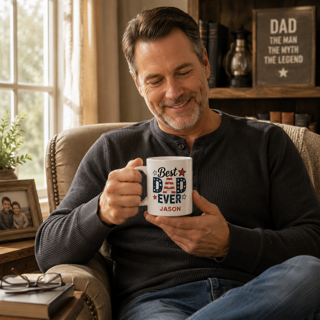 Personalized Americana best dad ever mug size and detail view, 11oz and 15oz