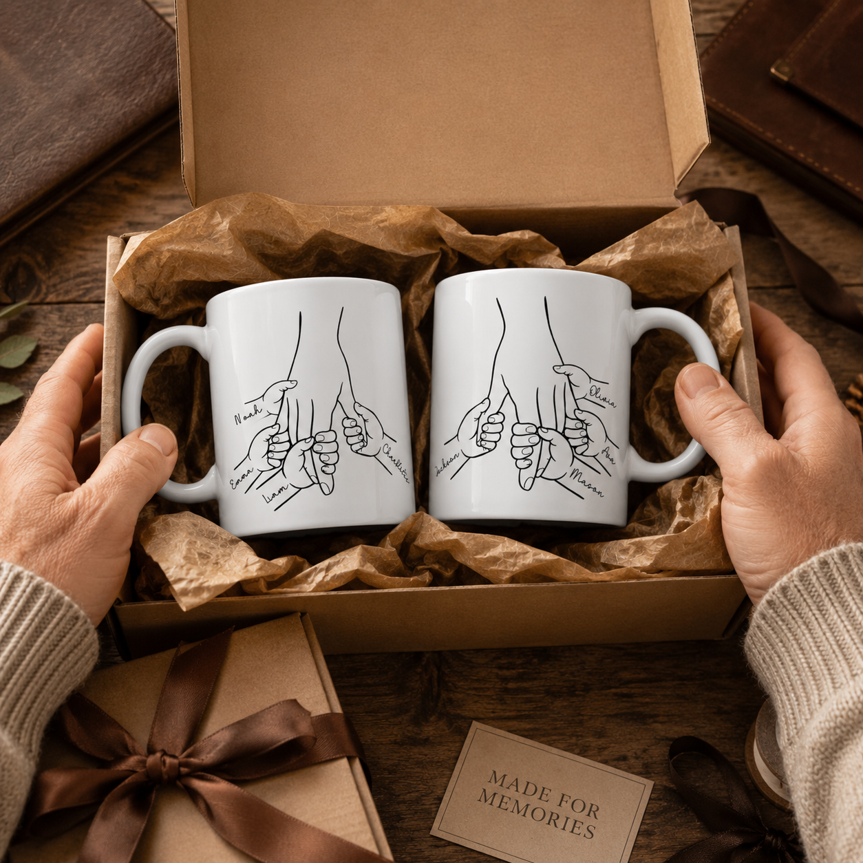Personalized family hands mug displayed on a desk