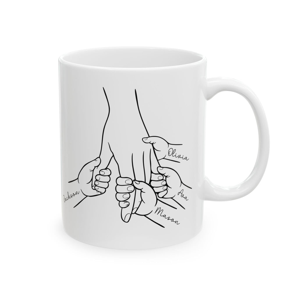 Personalized family hands mug for mom and dad, front view