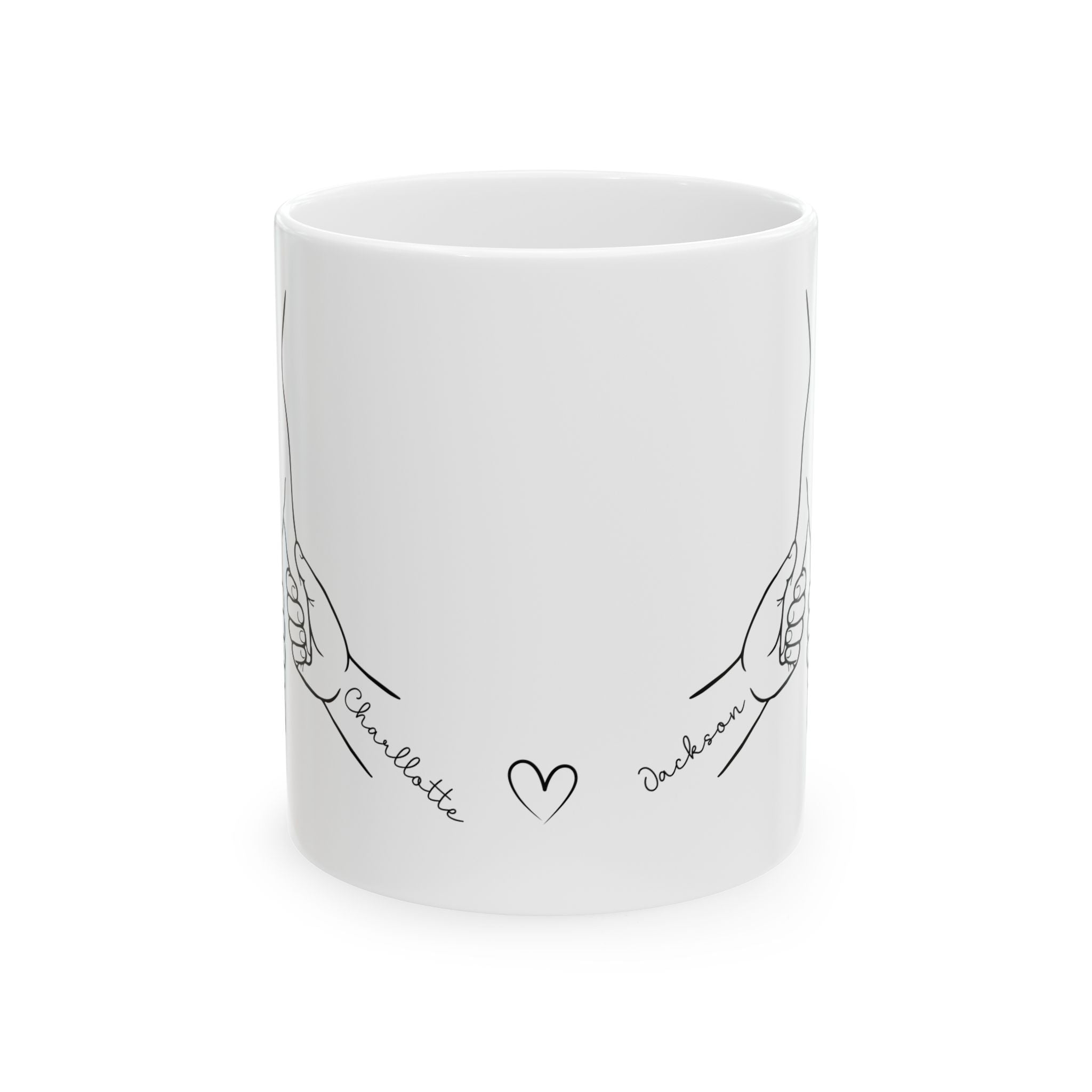 Personalized family hands mug displayed as a gift