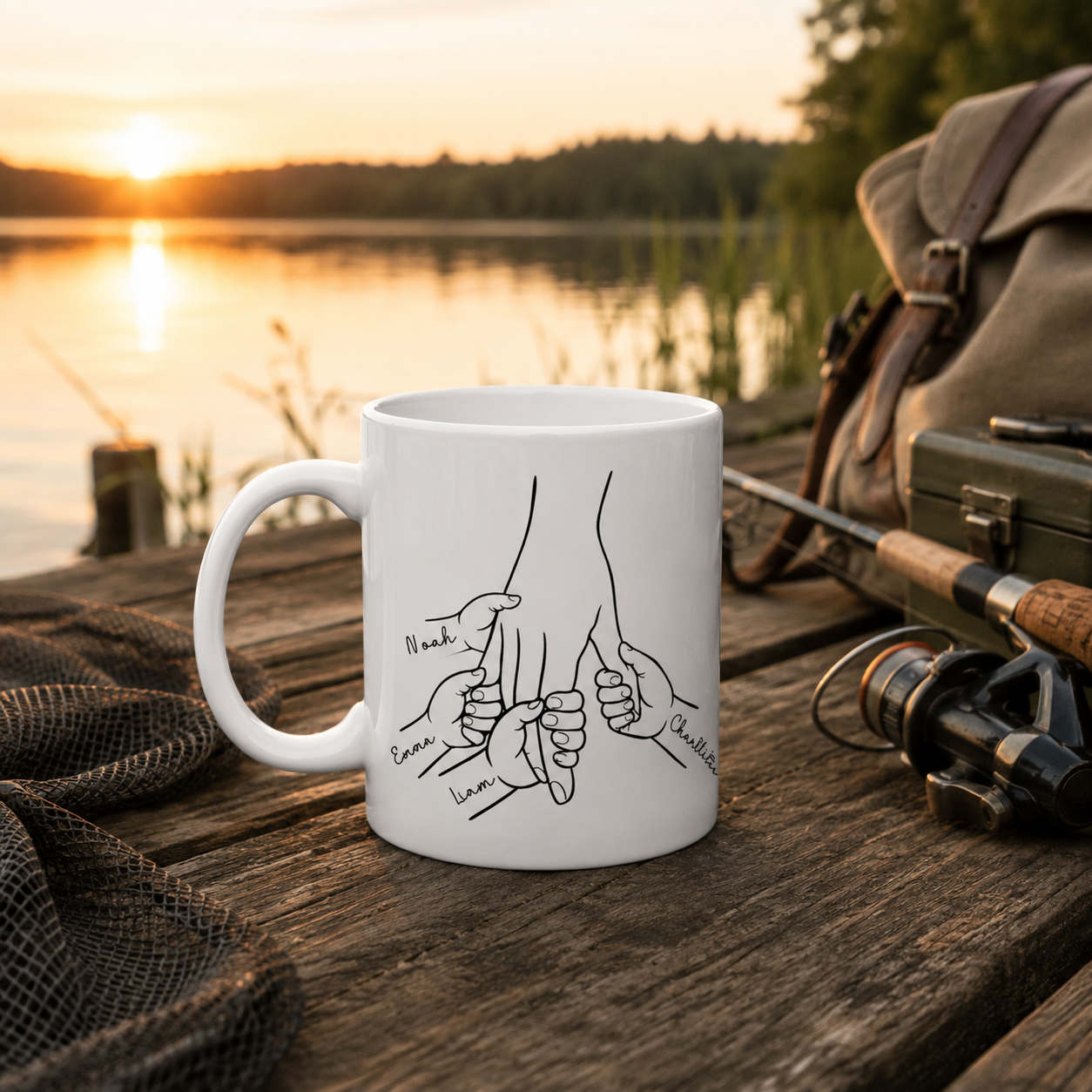 Personalized family hands mug shown as a birthday gift for mom and dad