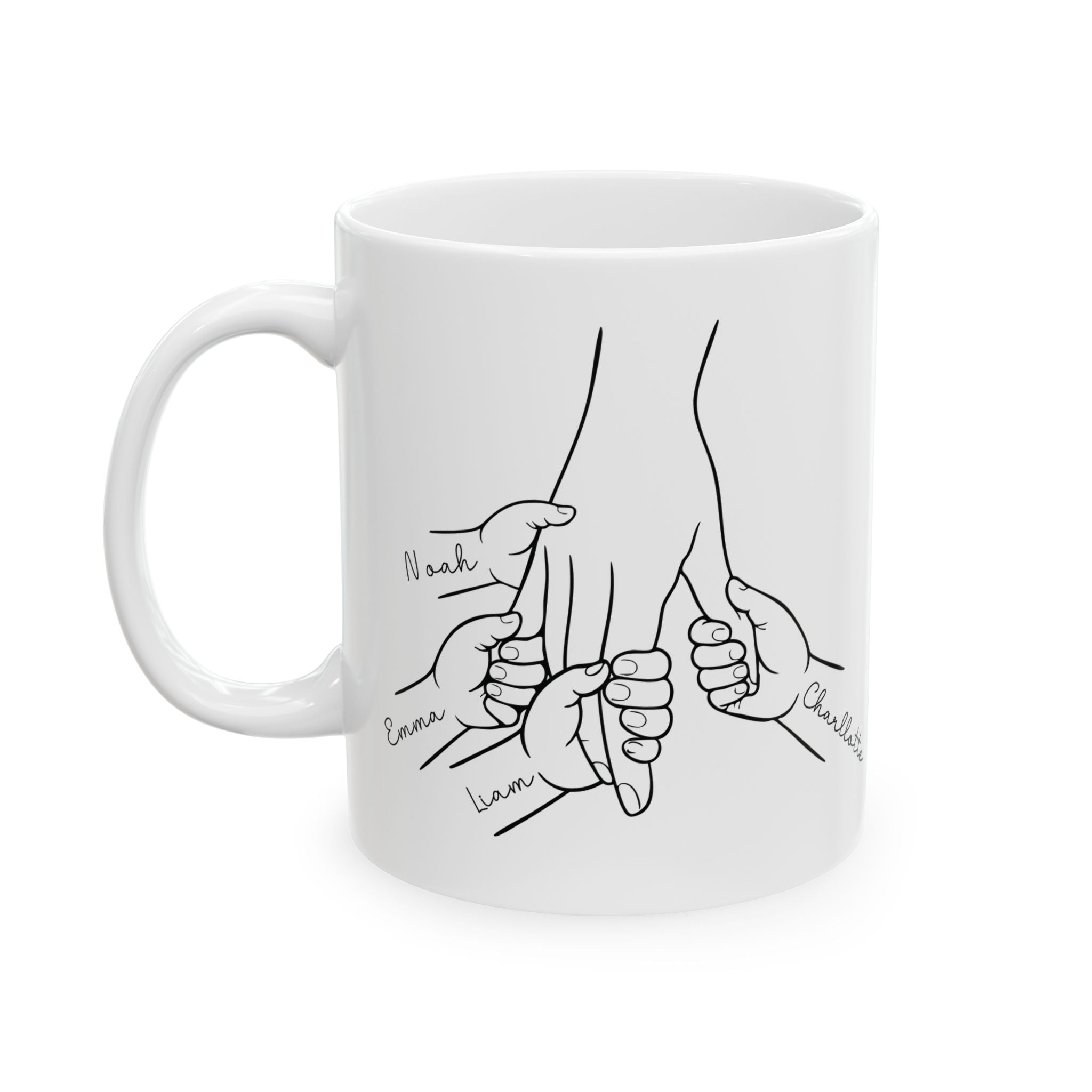 Personalized family hands mug held in hand