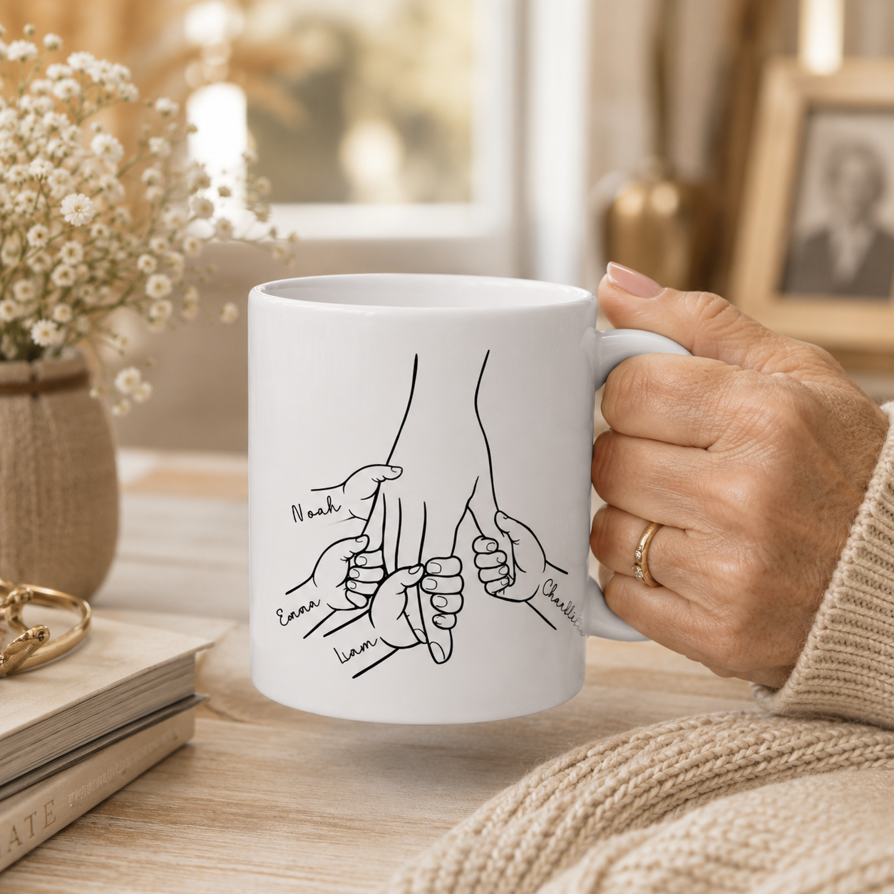 Personalized family hands mug size and detail view, 11oz and 15oz