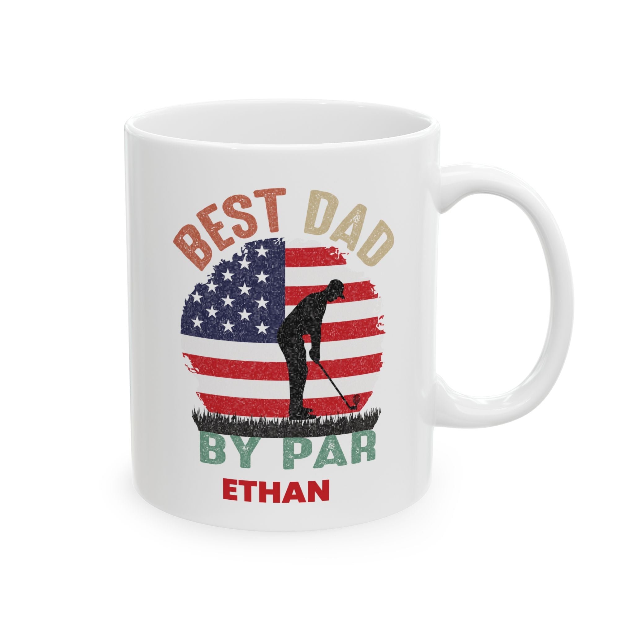 Personalized best dad by par golf mug for dad, front view