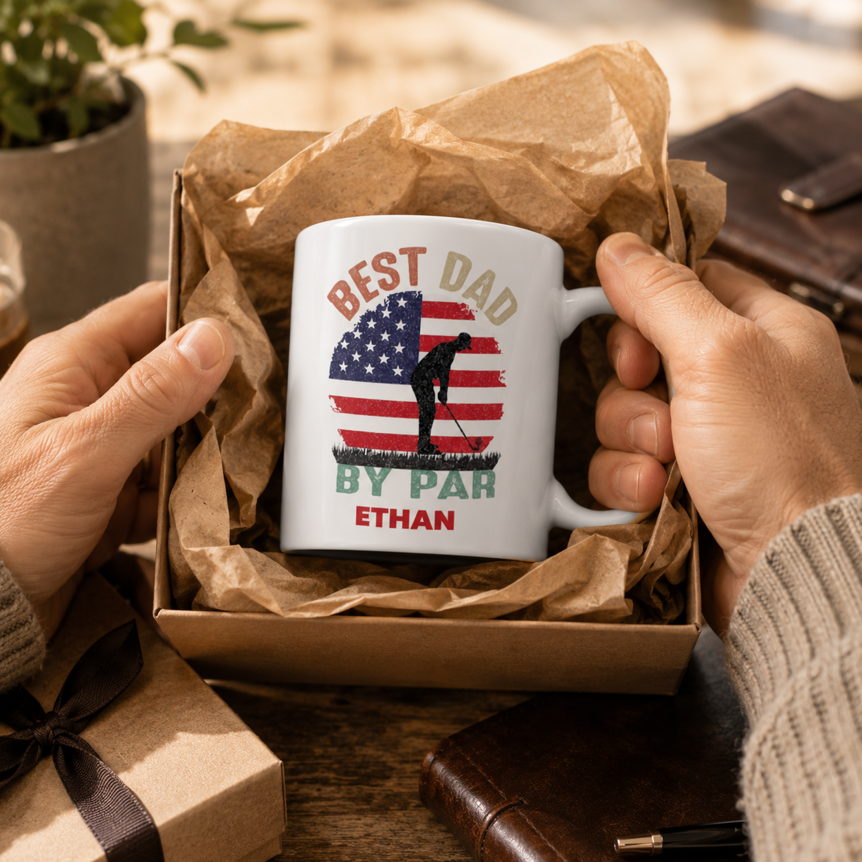 Personalized best dad by par golf mug displayed as a gift