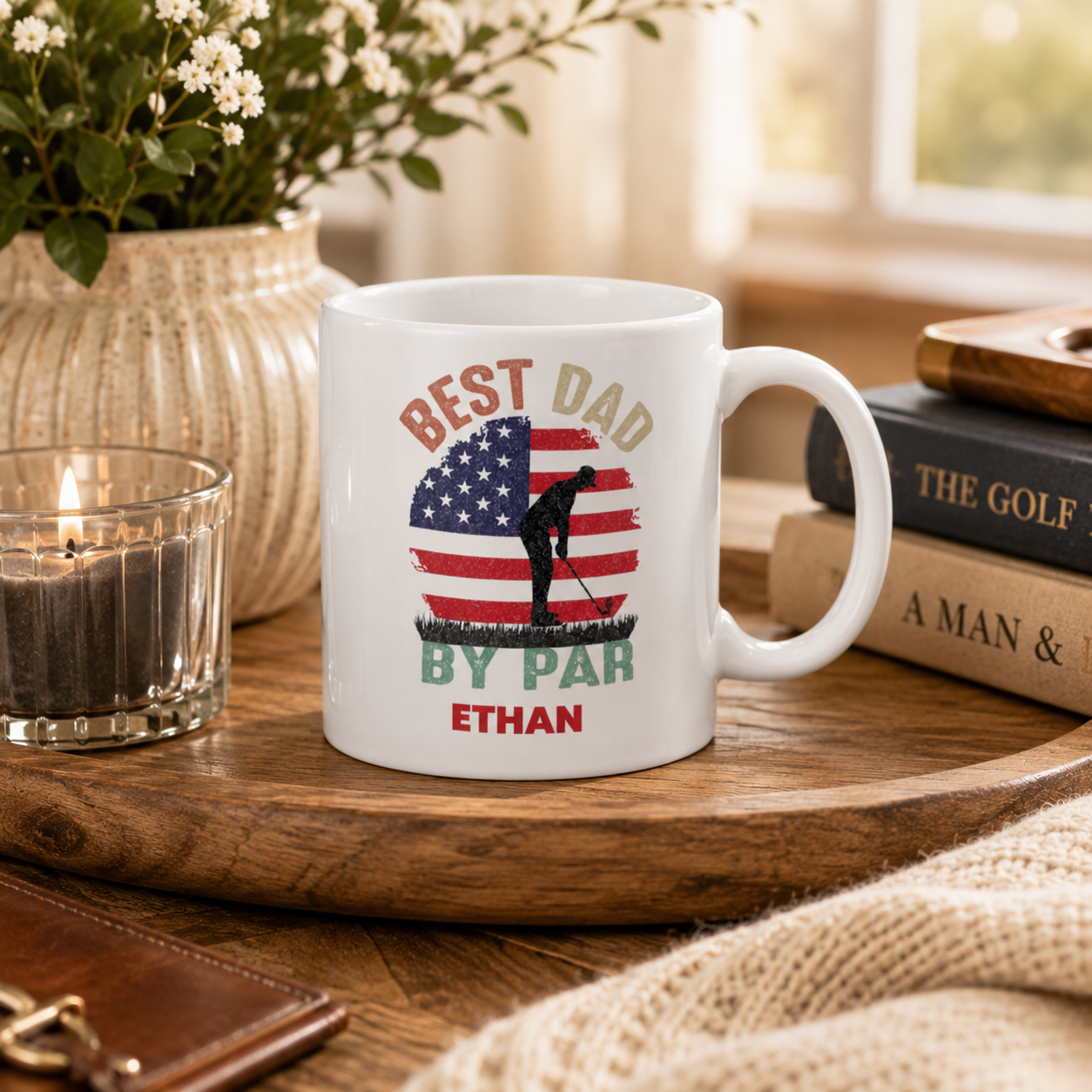 Personalized best dad by par golf mug shown as a Father's Day gift for dad
