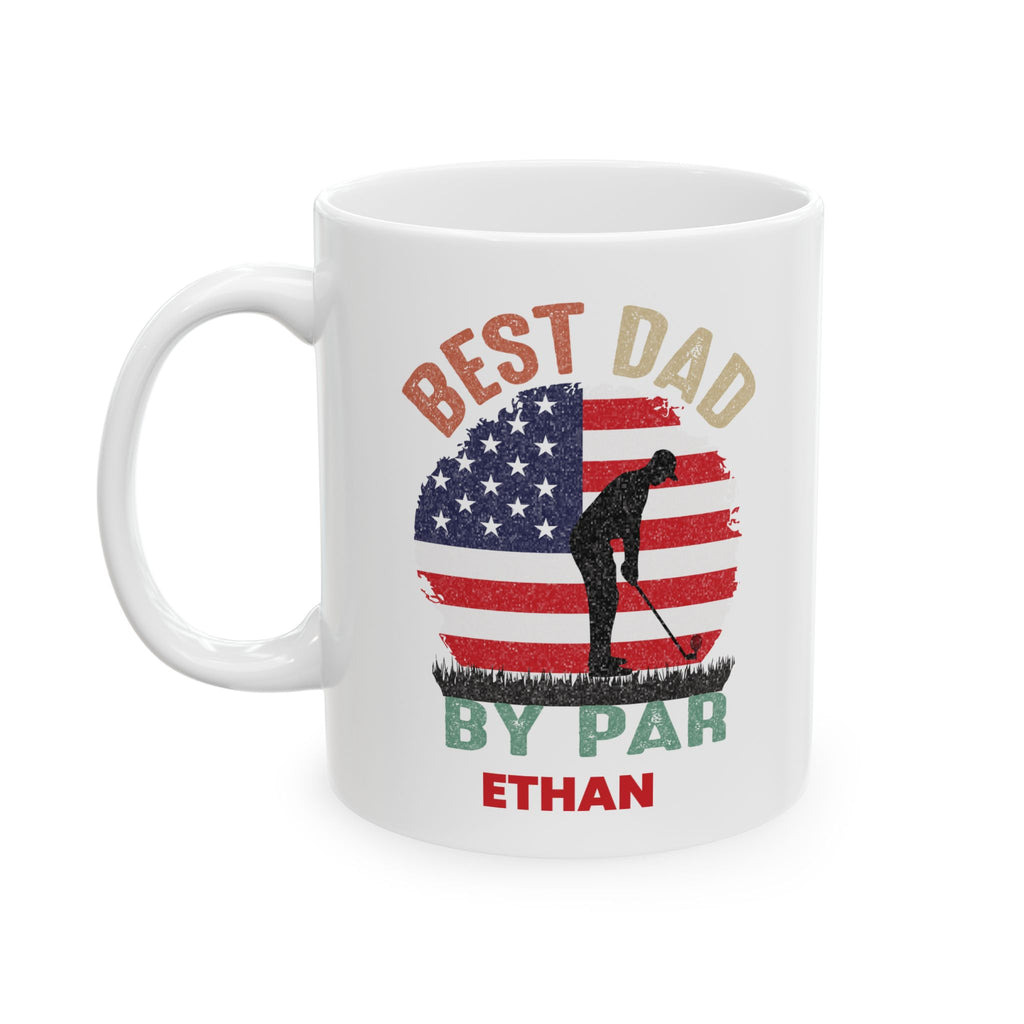 Personalized best dad by par golf mug held in hand