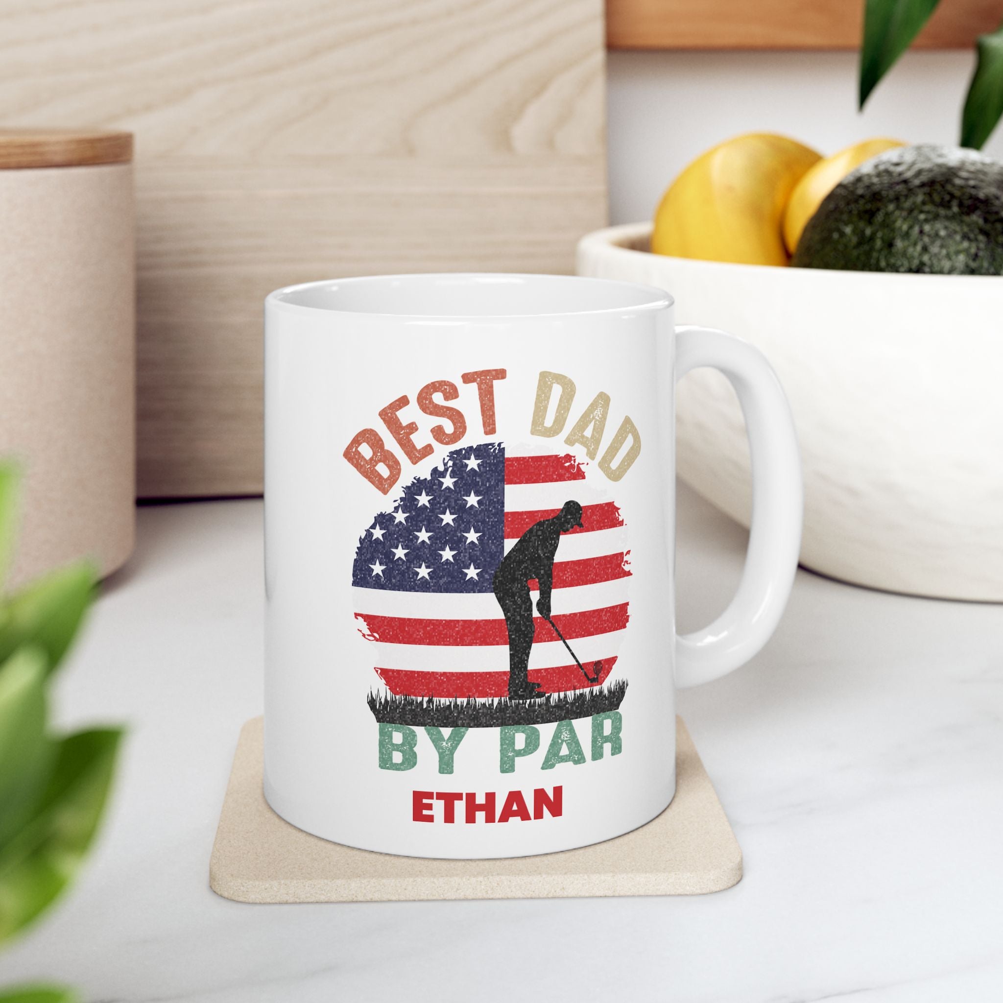 Personalized best dad by par golf mug shown from the side