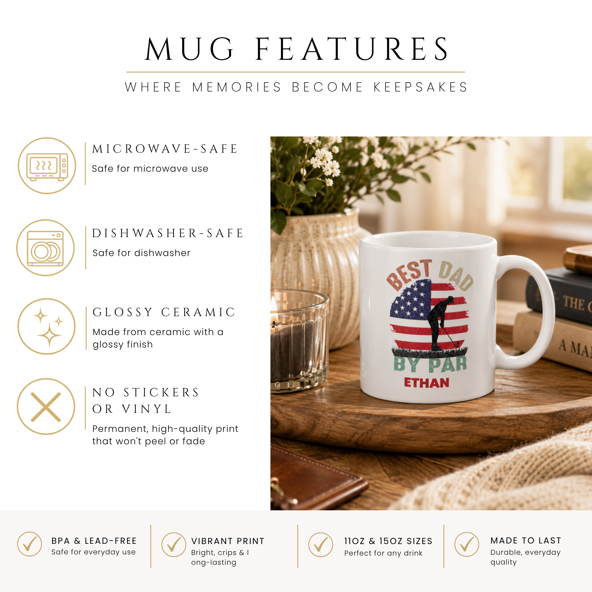 Personalized best dad by par golf mug size and detail view, 11oz and 15oz