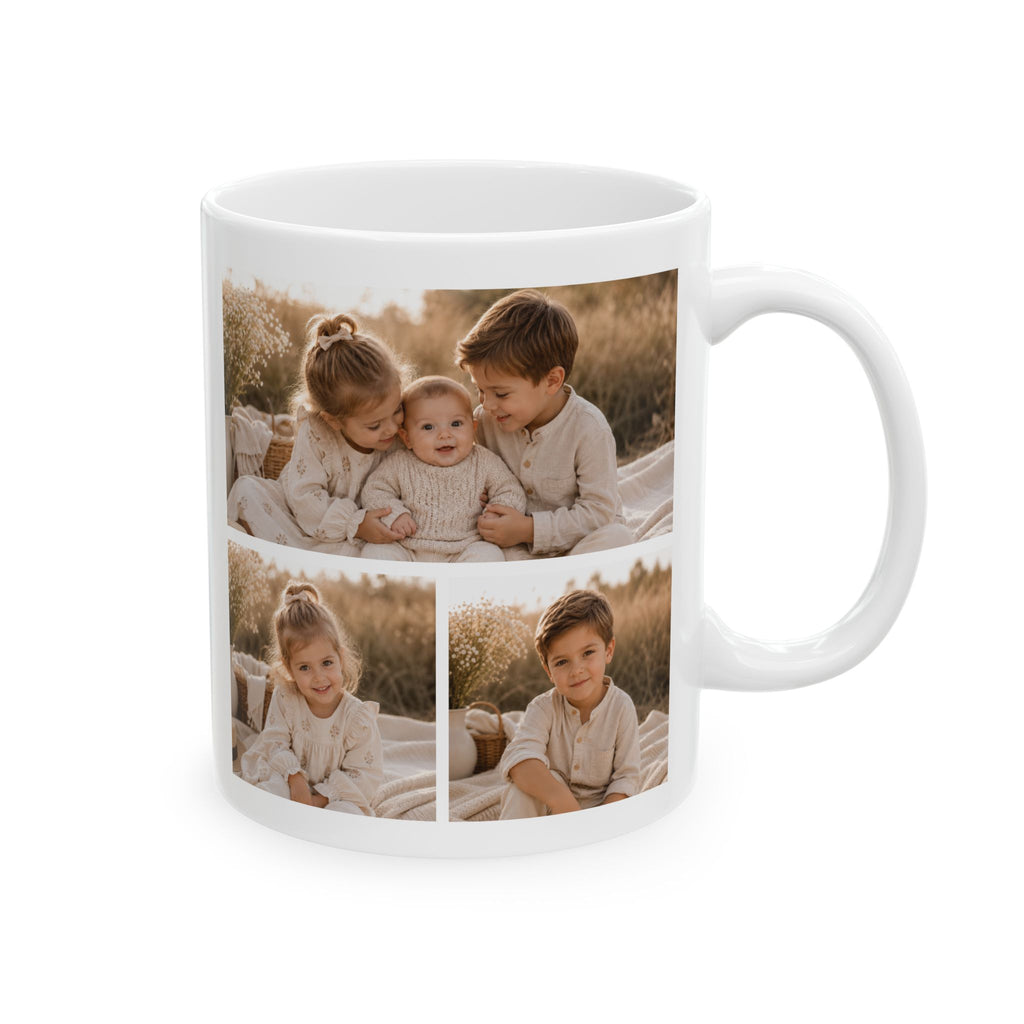 Personalized kids photo collage mug displayed on a desk