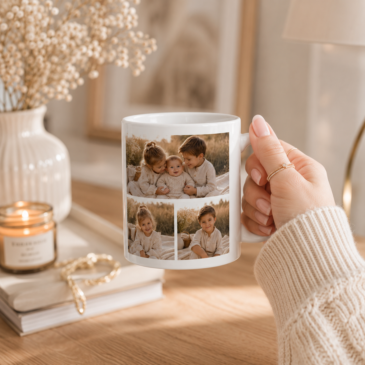 Personalized kids photo collage mug displayed as a gift