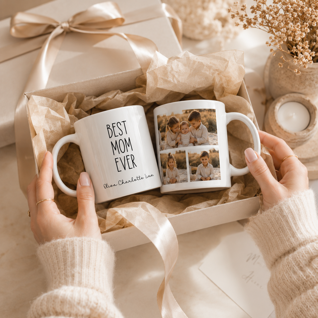 Personalized kids photo collage mug shown from the side