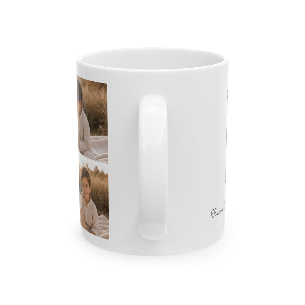 Personalized kids photo collage mug shown on a table as a birthday gift