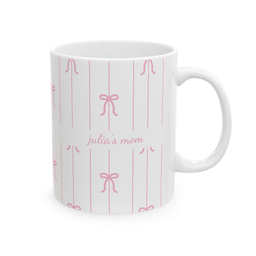 Personalized pink bow pattern mug for mom, front view