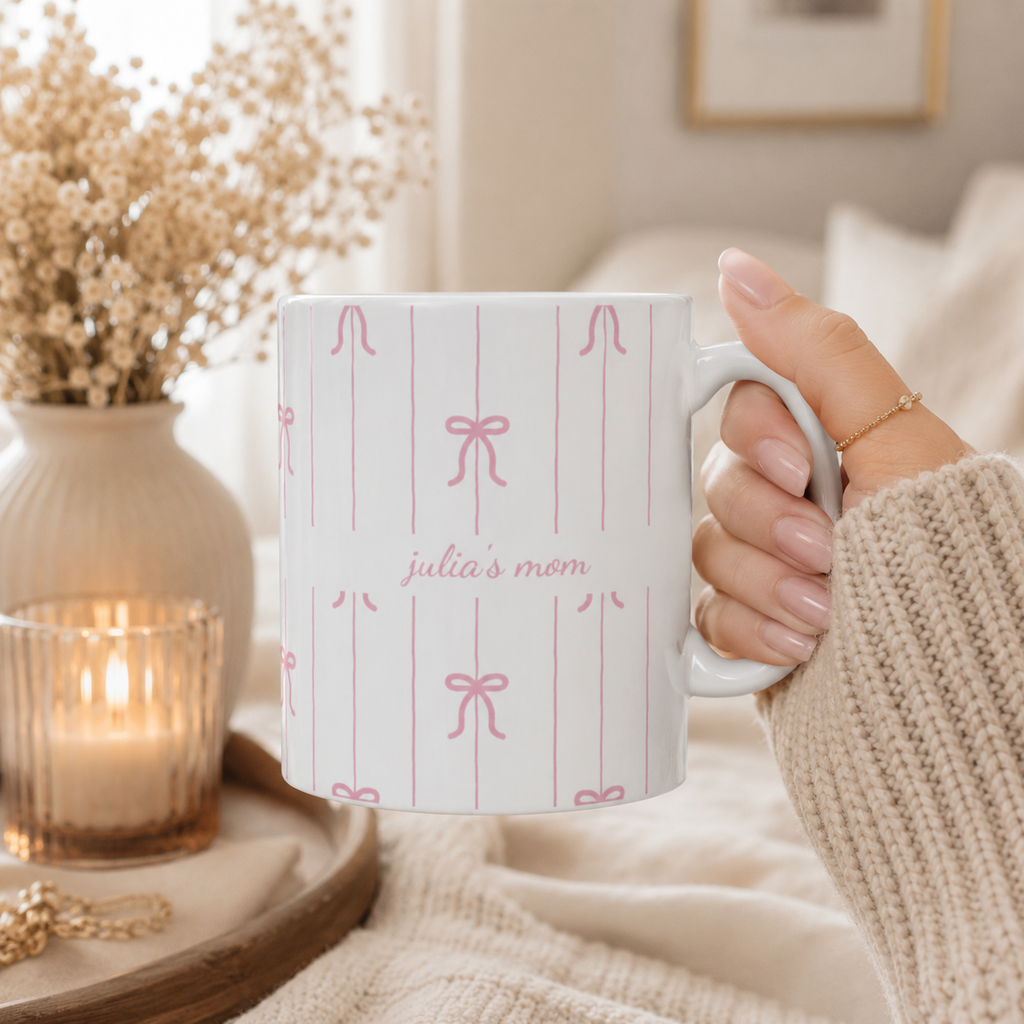 Personalized pink bow pattern mug shown from the side