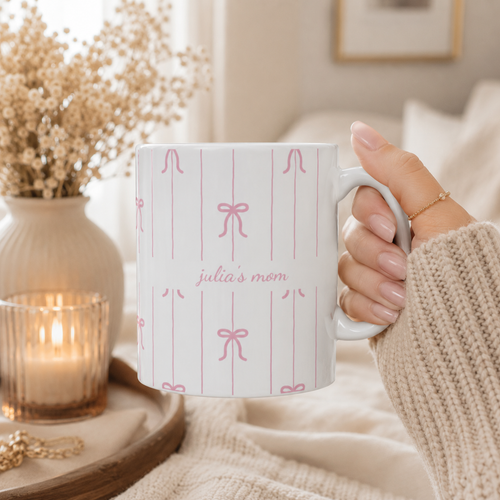 Personalized pink bow pattern mug shown from the side