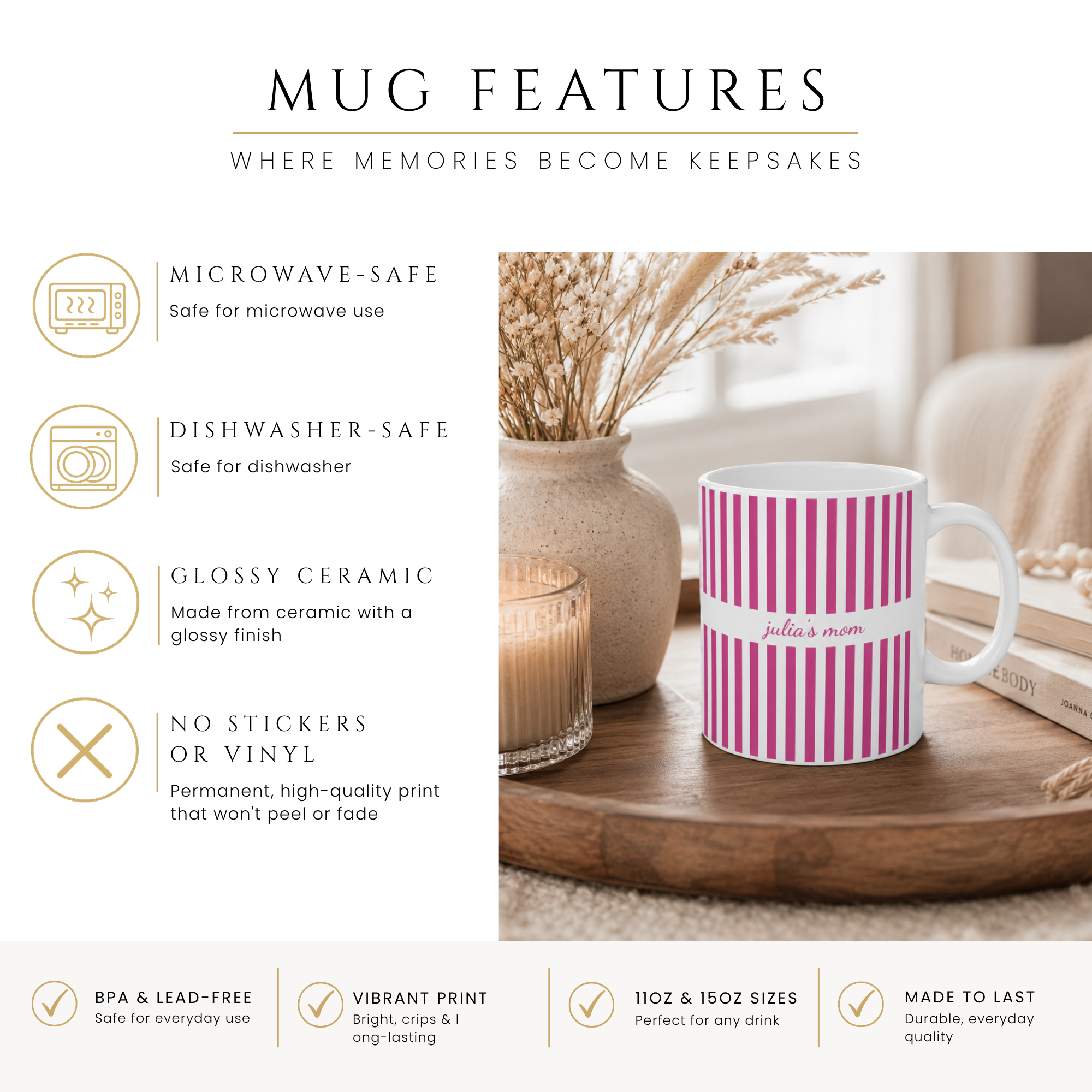 Close-up of the pink stripe pattern design with personalized name