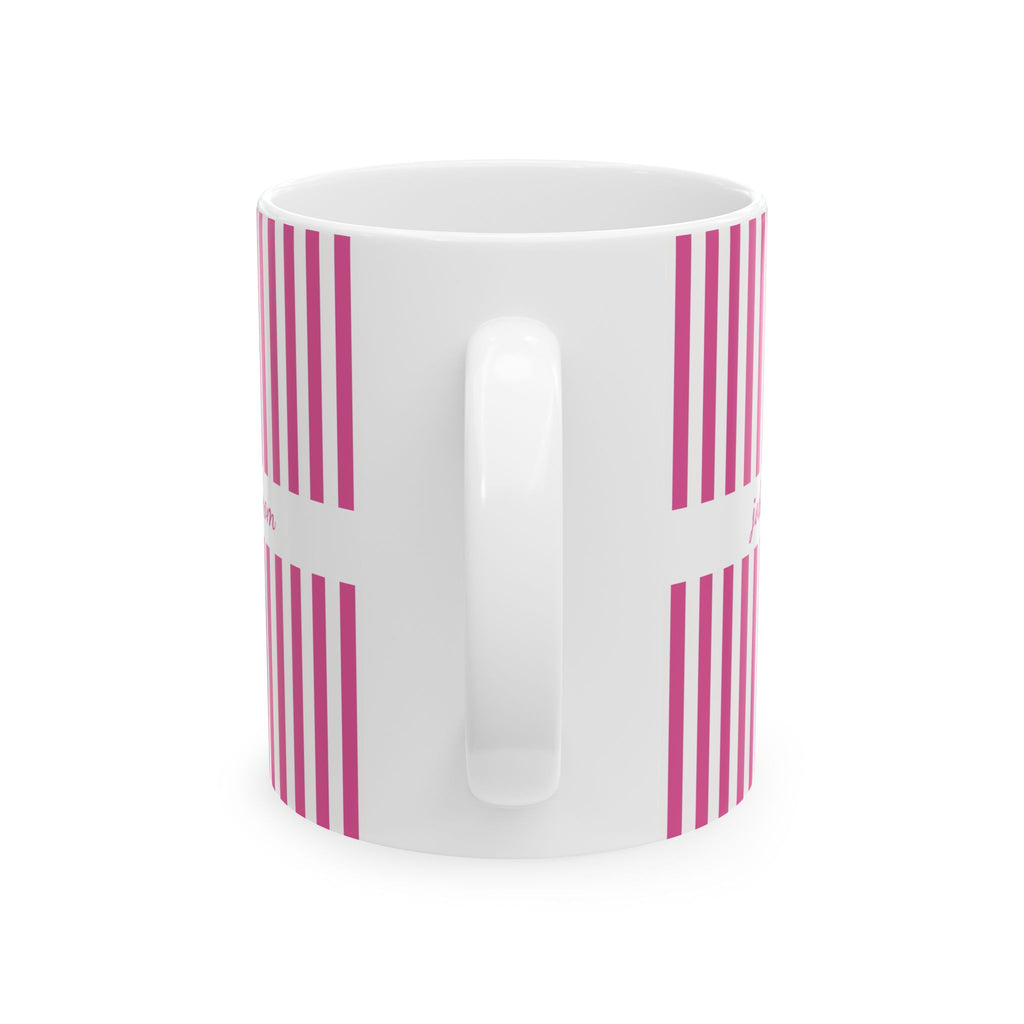 Personalized pink stripe pattern mug displayed as a gift