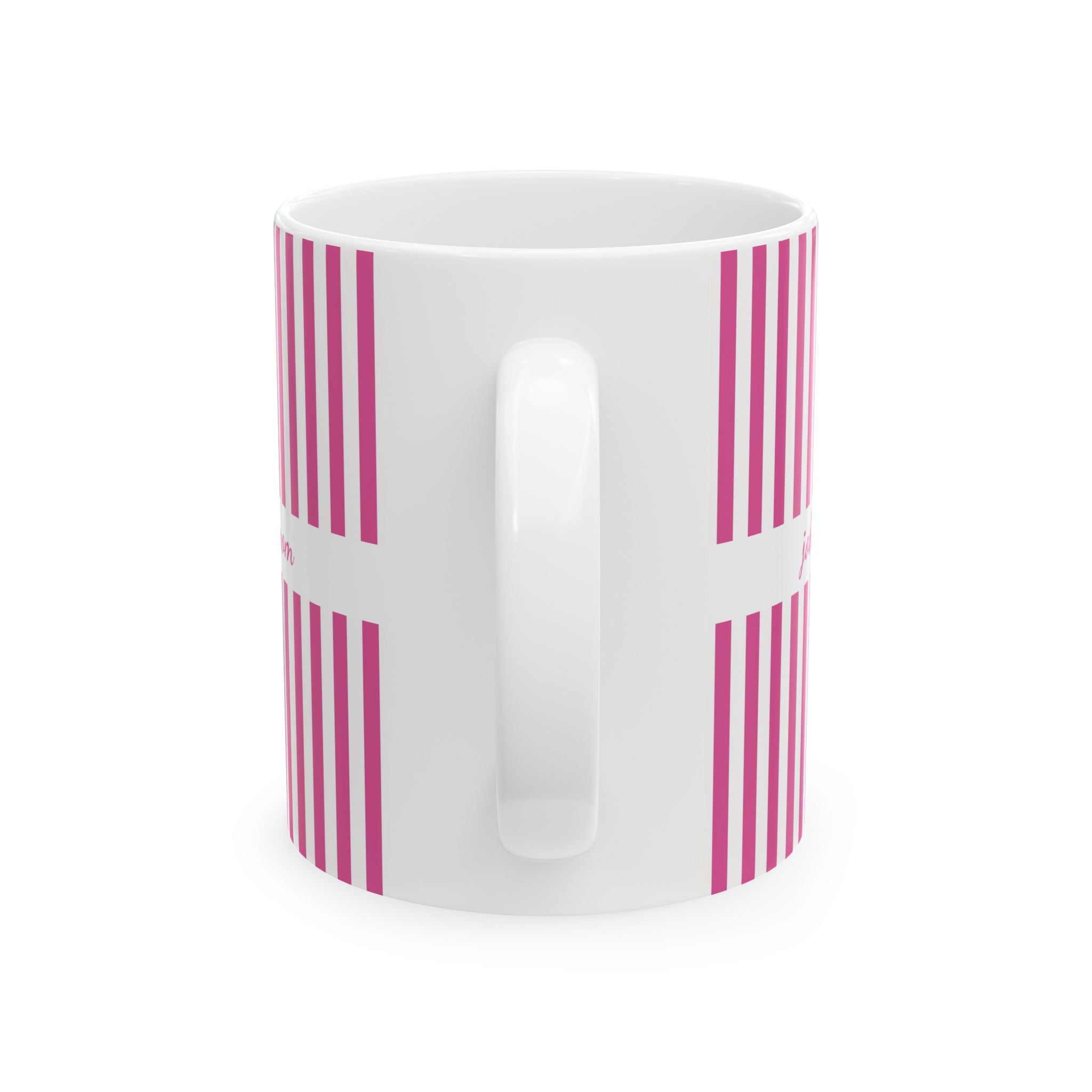 Personalized pink stripe pattern mug displayed as a gift