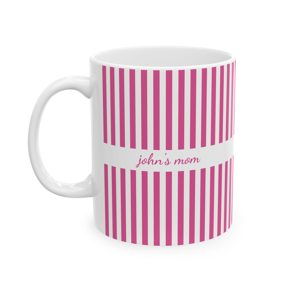 Personalized pink stripe pattern mug held in hand