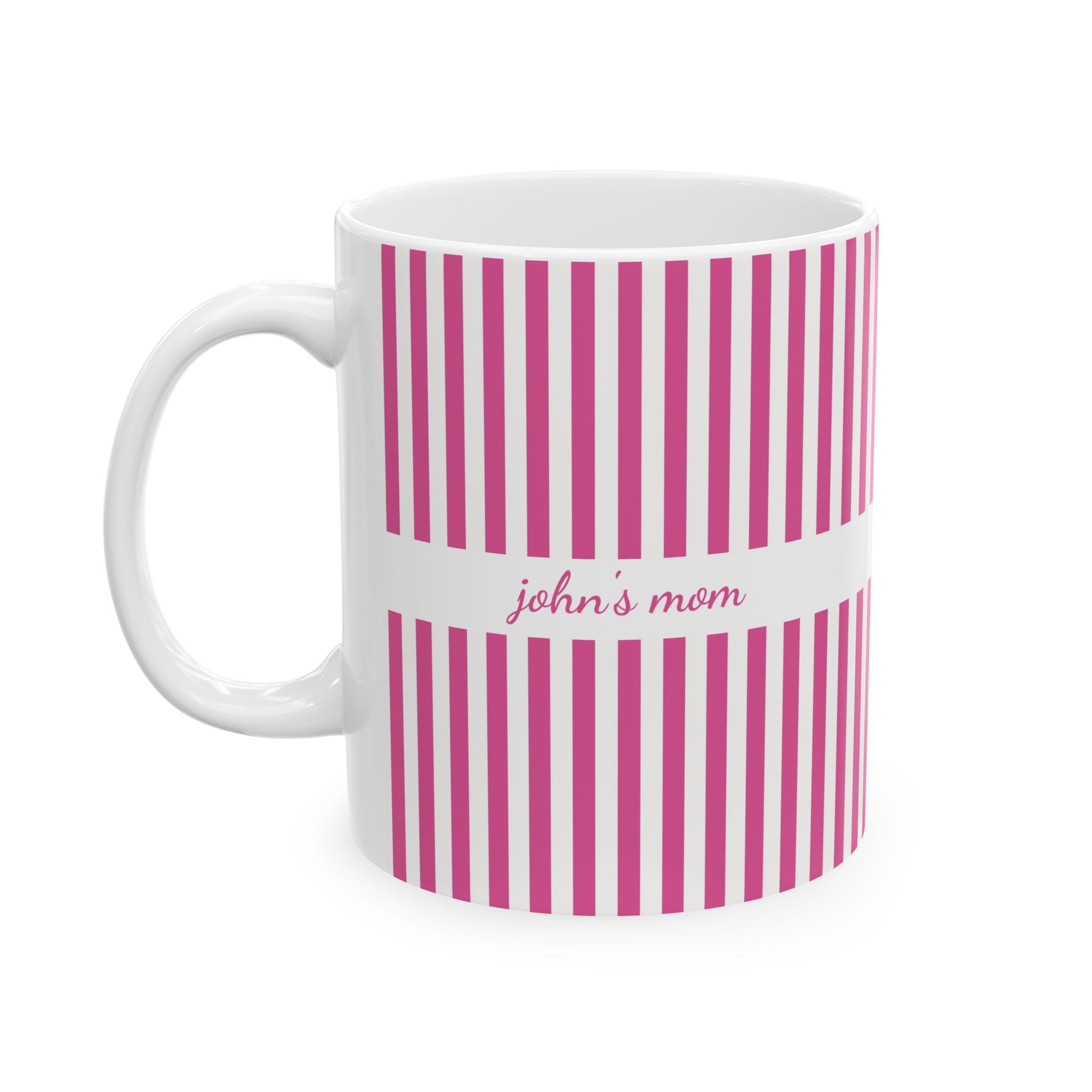 Personalized pink stripe pattern mug held in hand