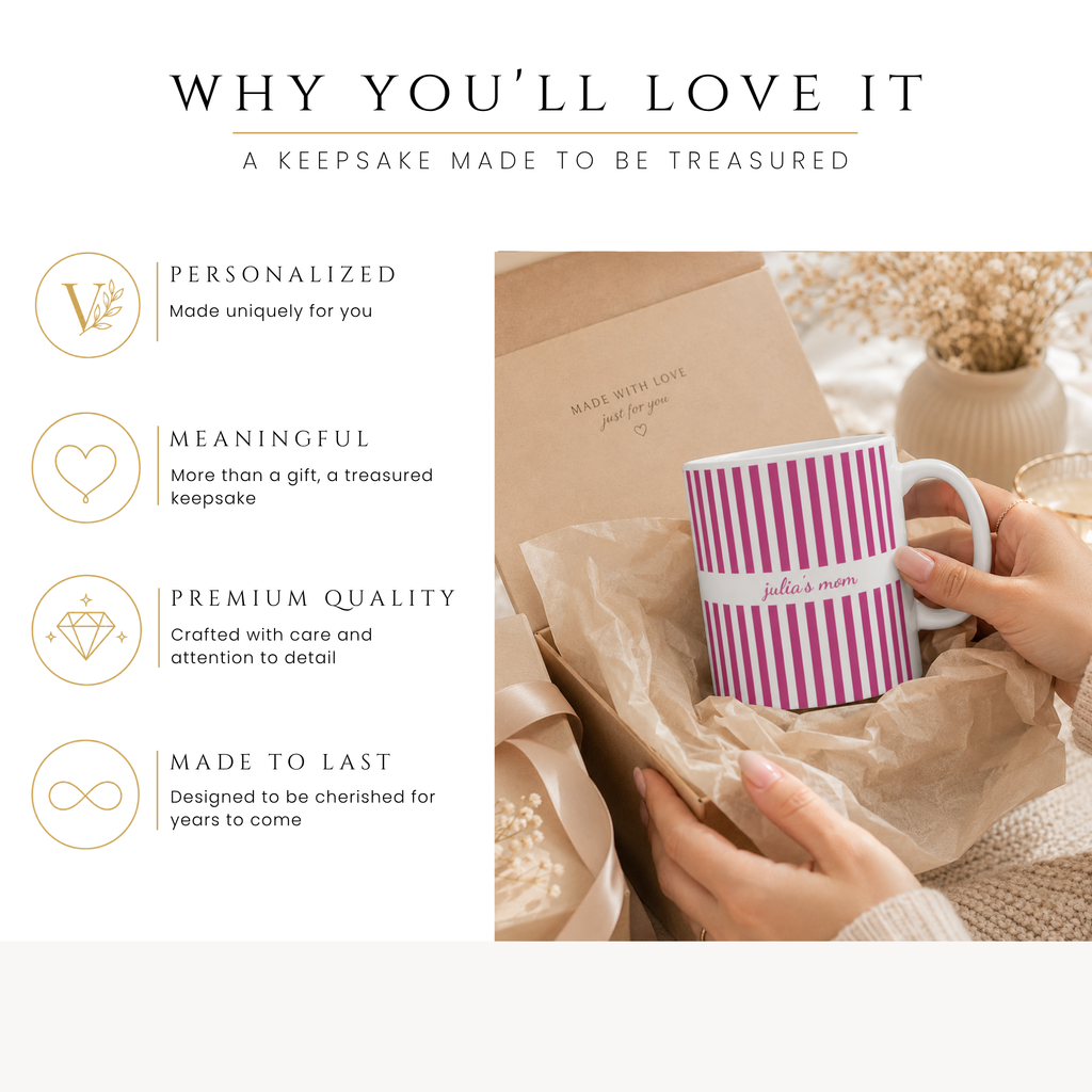 Personalized pink stripe pattern mug, handle-side view